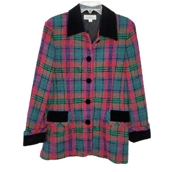 Saks Fifth Avenue Plaid Blazer Jacket 10 Black Green Pink Tweed Velvet Preppy - Picture 1 of 6